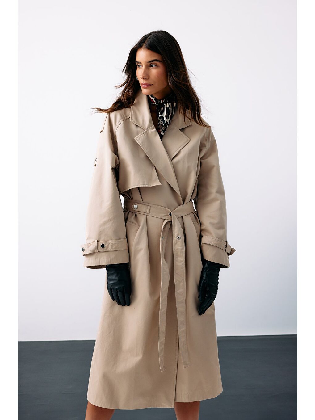 Kuşaklı Uzun Trençkot - Bej