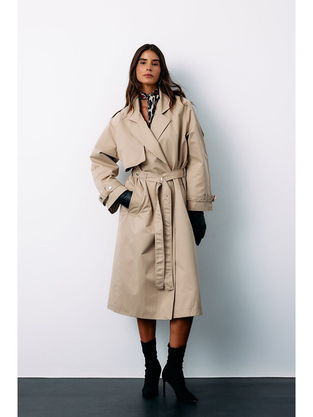 Kuşaklı Uzun Trençkot - Bej-1