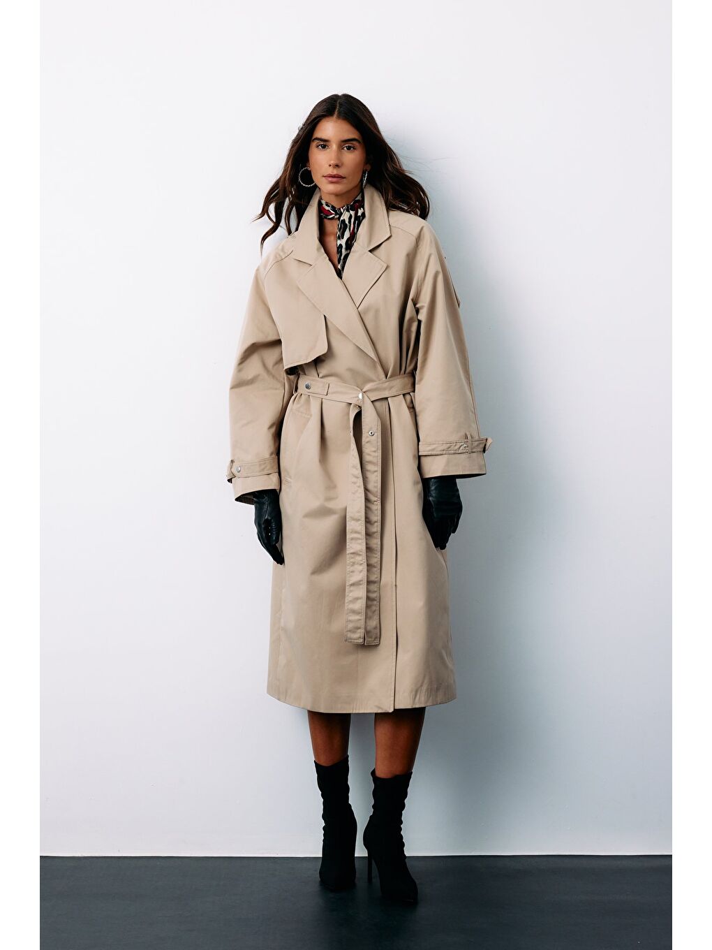 Kuşaklı Uzun Trençkot - Bej-2