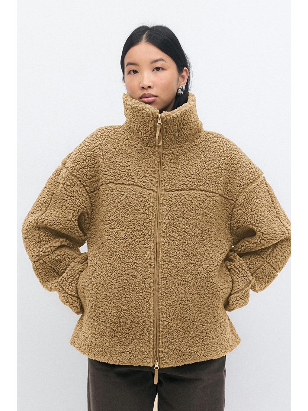 Kahverengi Çift Fermuarlı Kadın Pelüş Mont Mg2556