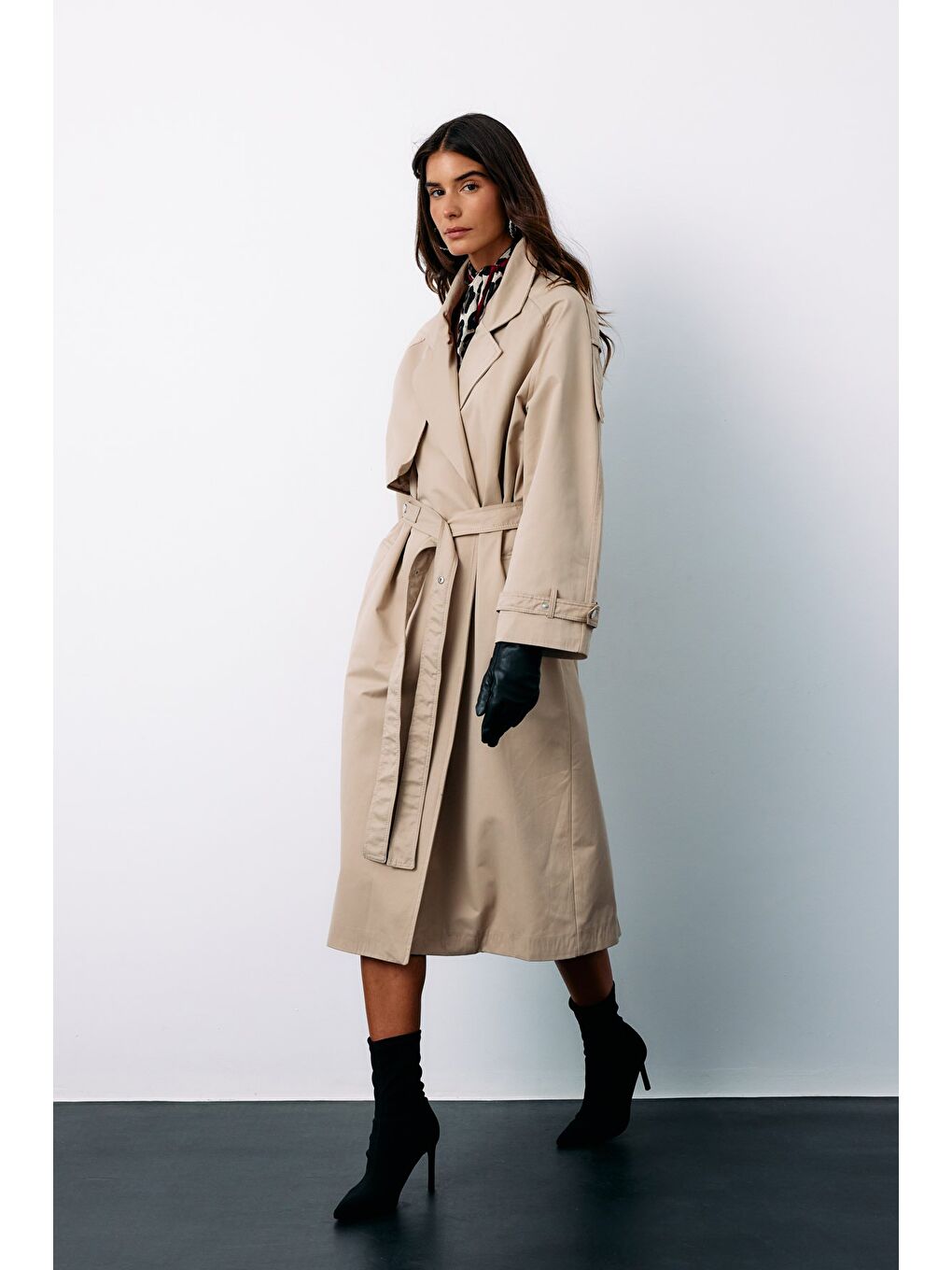 Kuşaklı Uzun Trençkot - Bej-3