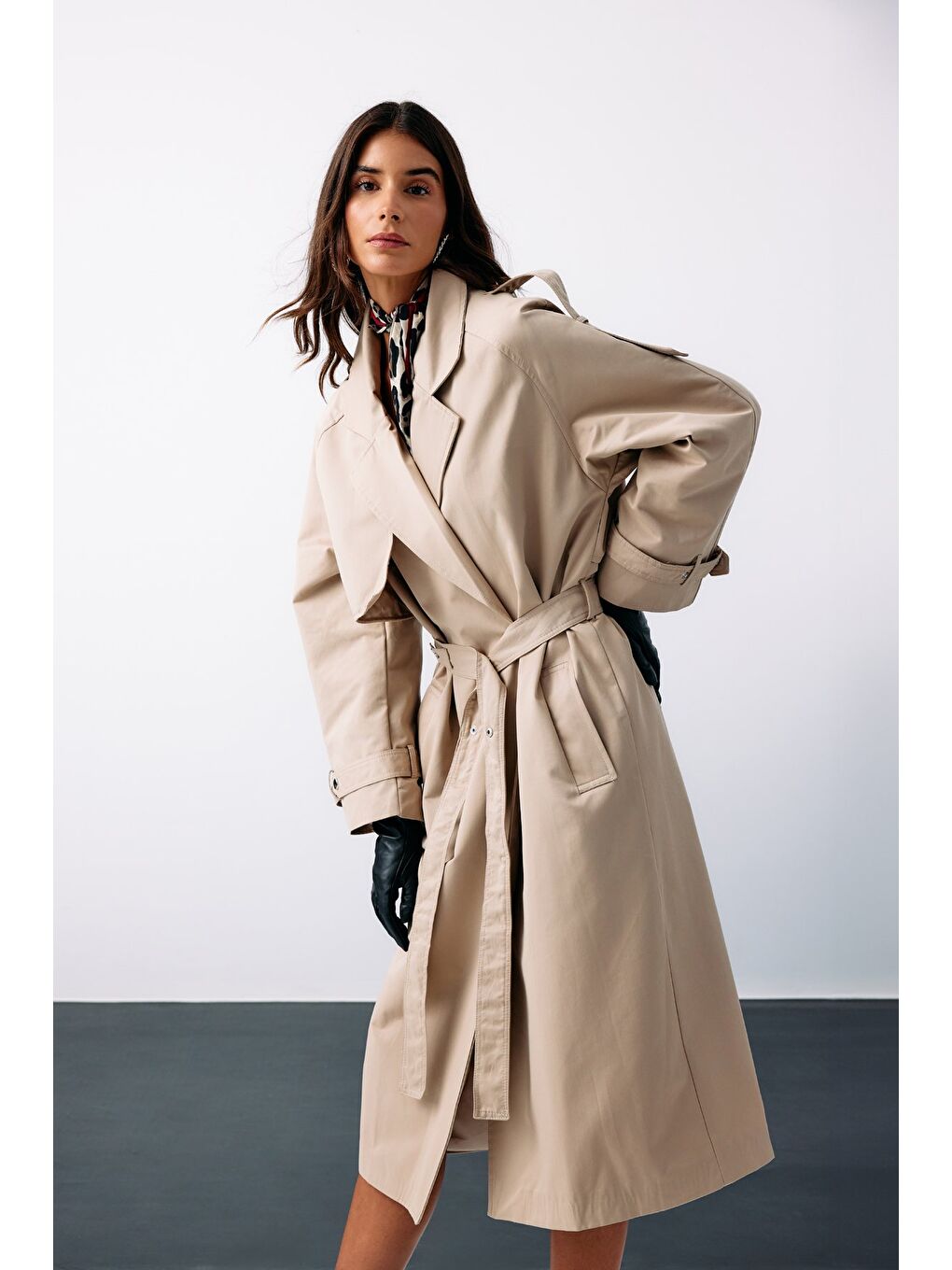 Kuşaklı Uzun Trençkot - Bej-4