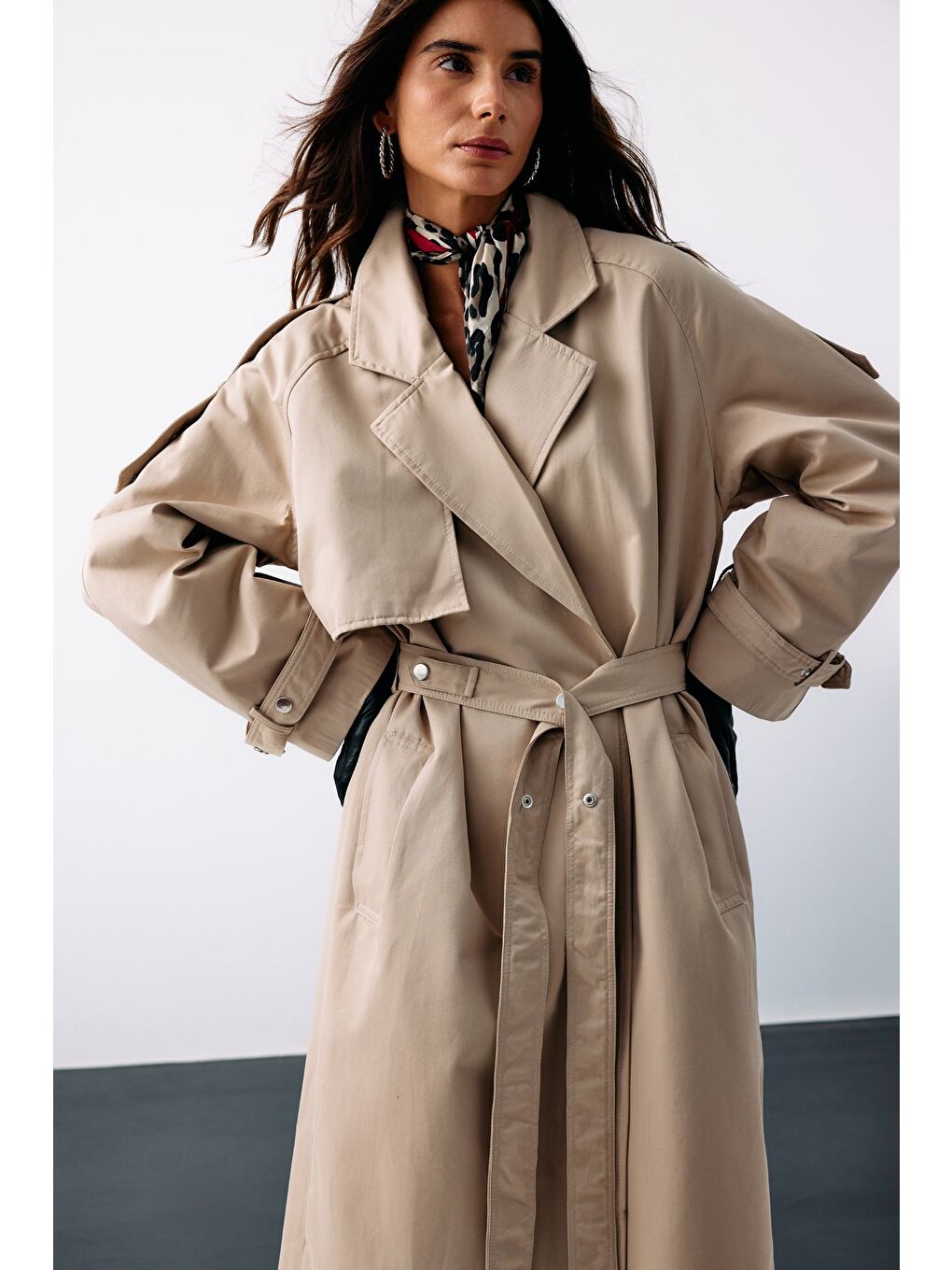 Kuşaklı Uzun Trençkot - Bej-5