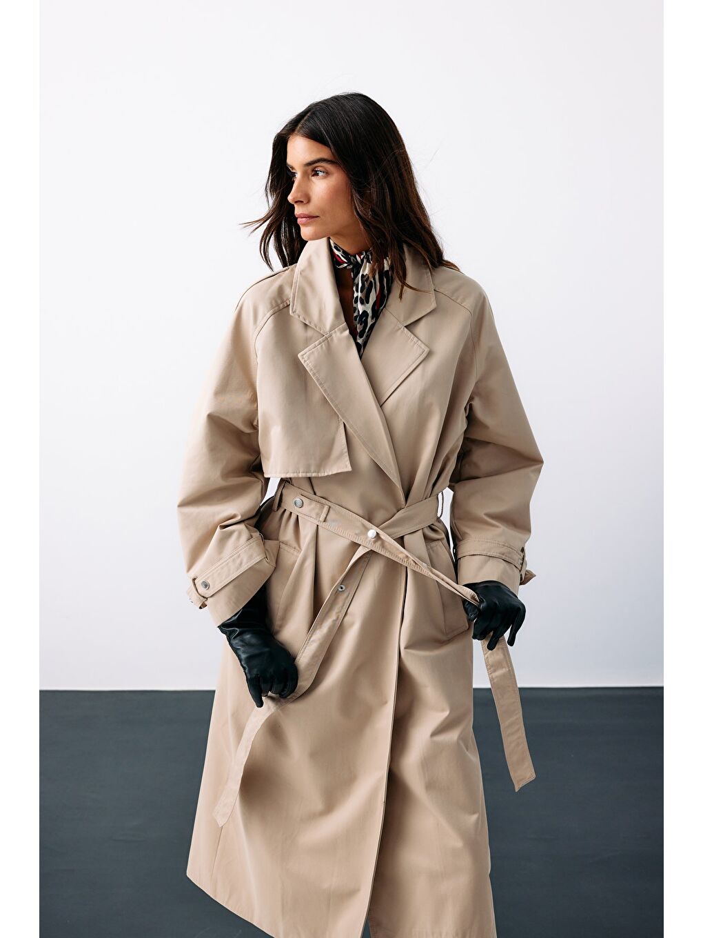 Kuşaklı Uzun Trençkot - Bej-6