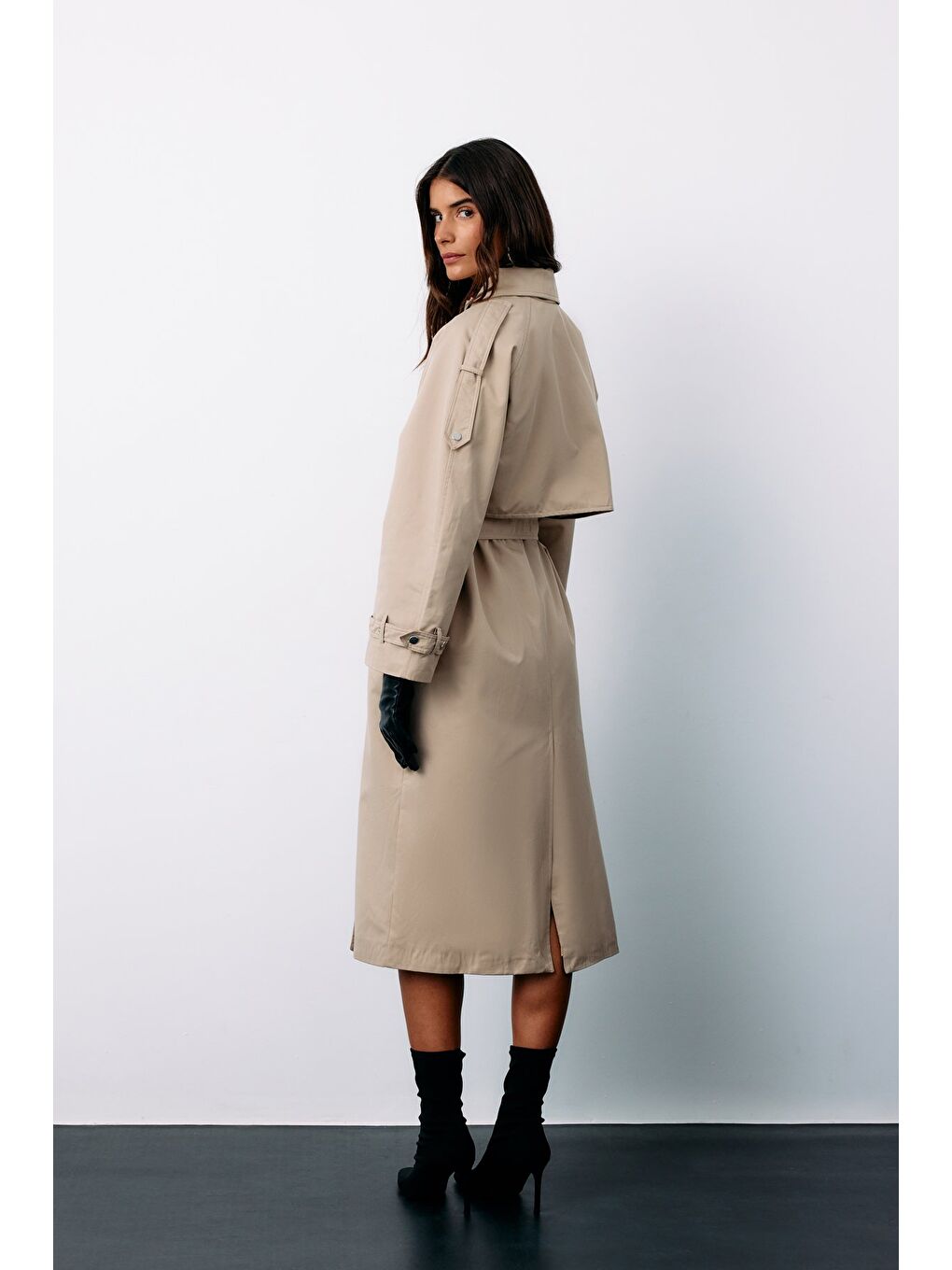 Kuşaklı Uzun Trençkot - Bej-7