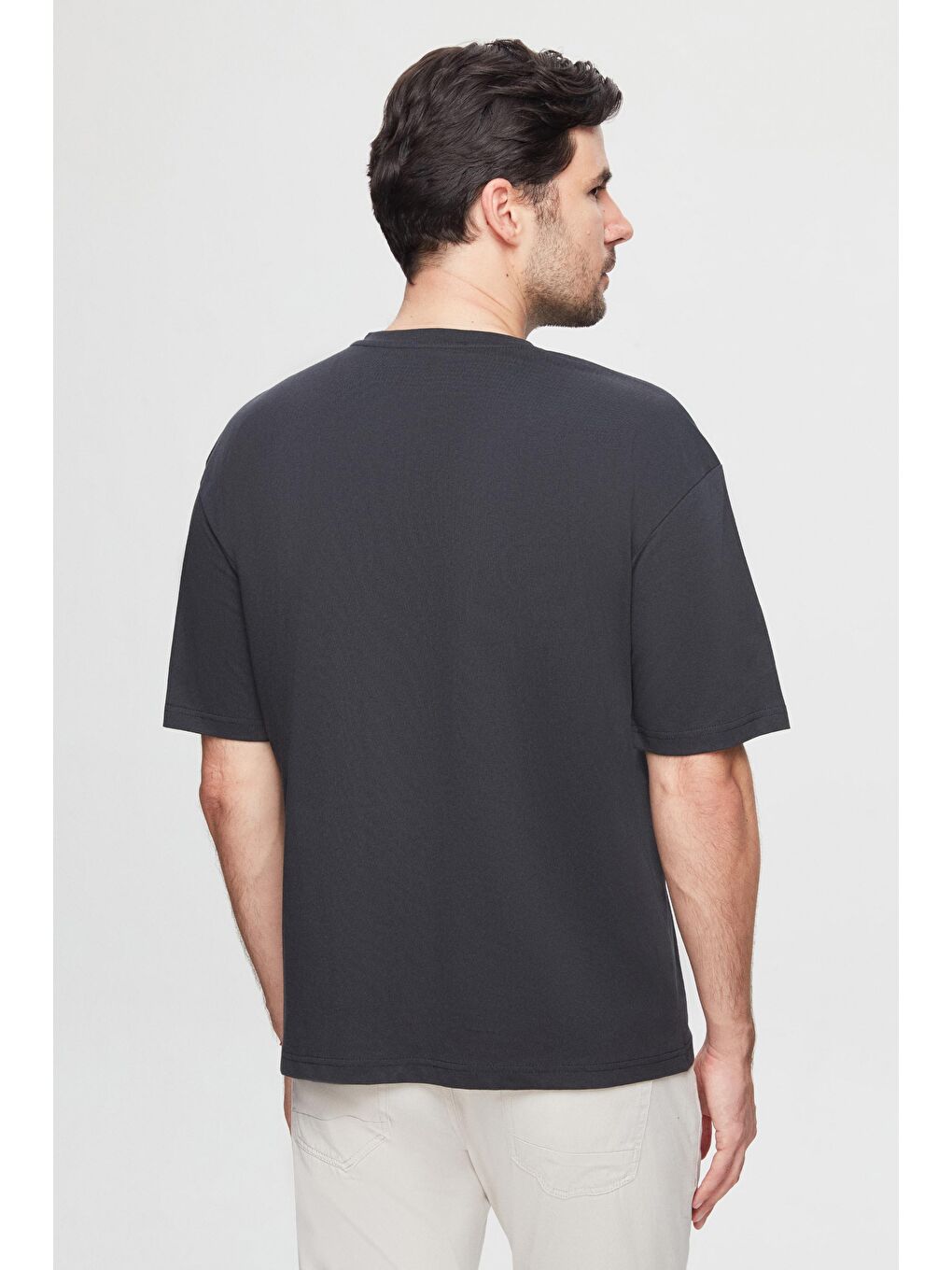 Oversize Antrasit Baskılı %100 Pamuk Tişört-2