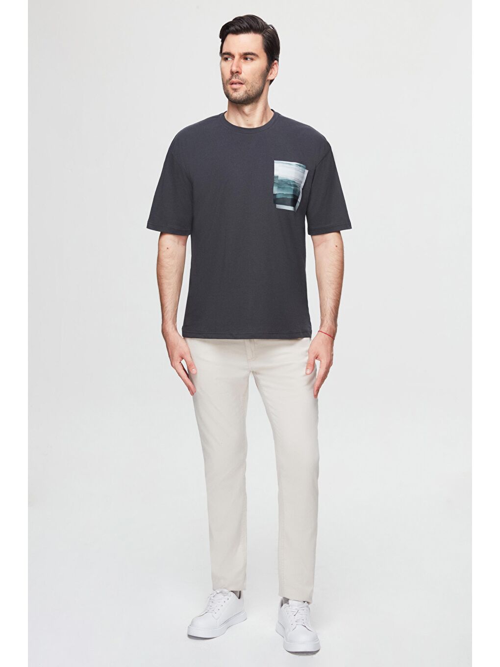 Oversize Antrasit Baskılı %100 Pamuk Tişört-3