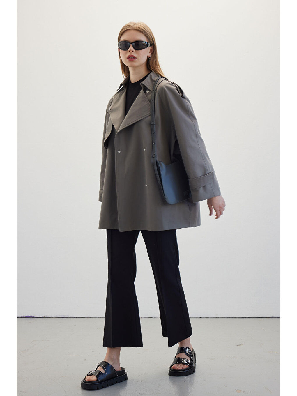 Oversize Kısa Trençkot Gri