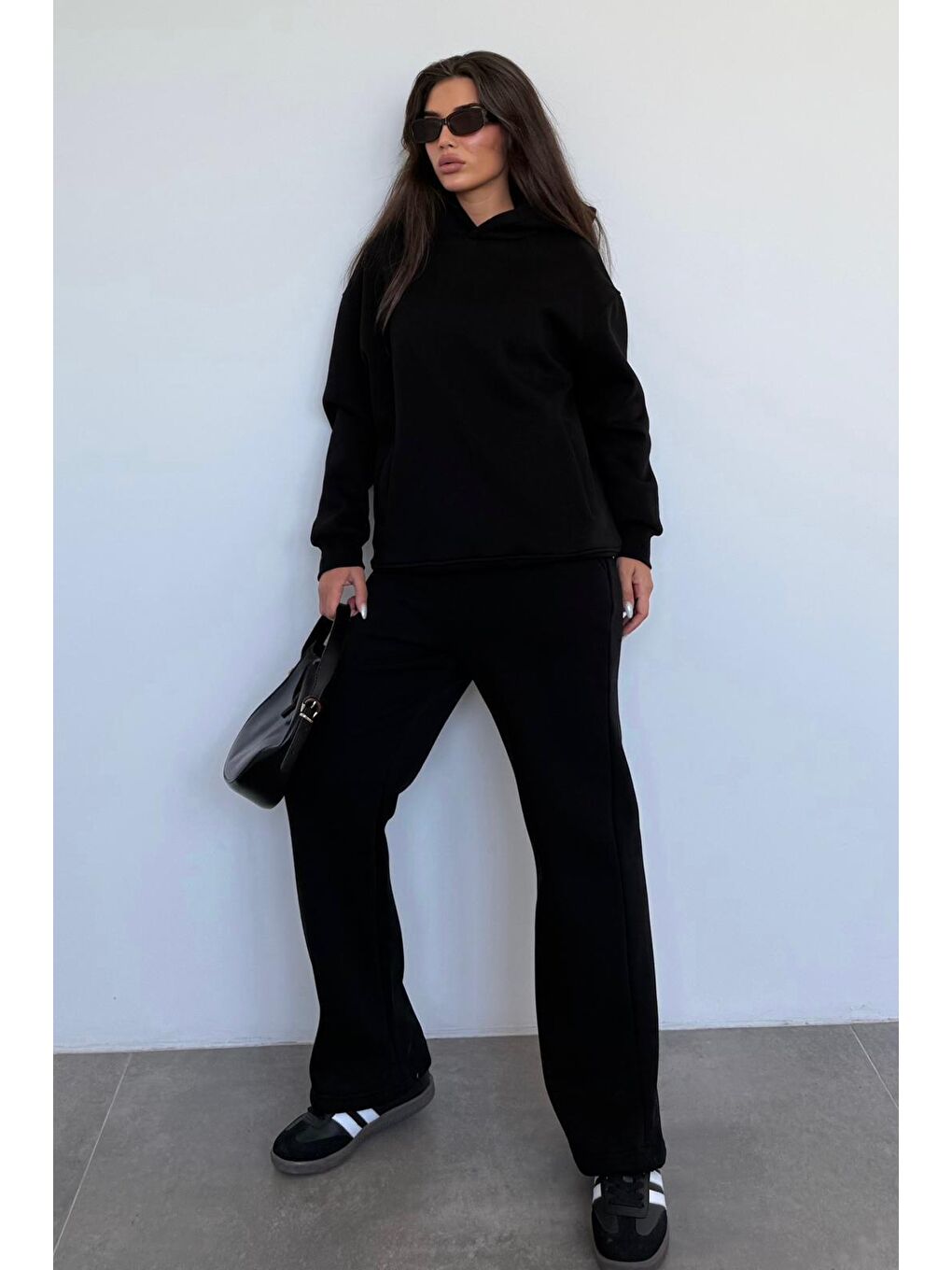 Siyah Kapüşonlu Triko Kadın Eşofman Takımı Mg2533-5