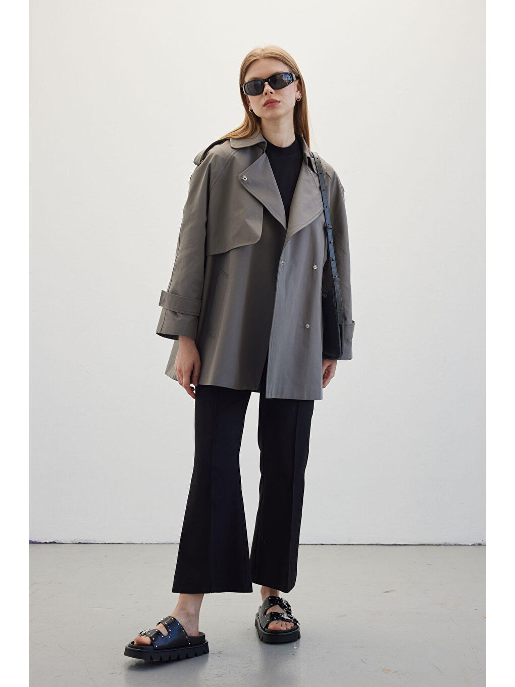 Oversize Kısa Trençkot Gri-1