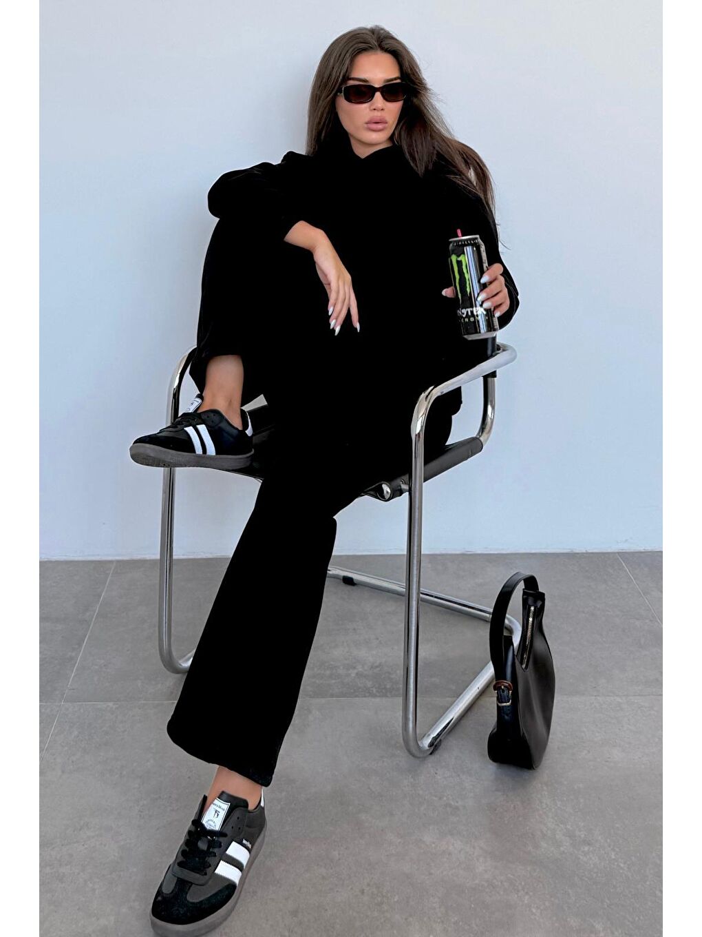 Siyah Kapüşonlu Triko Kadın Eşofman Takımı Mg2533-6