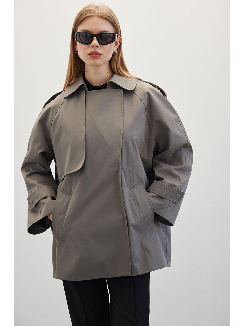 Oversize Kısa Trençkot Gri-3