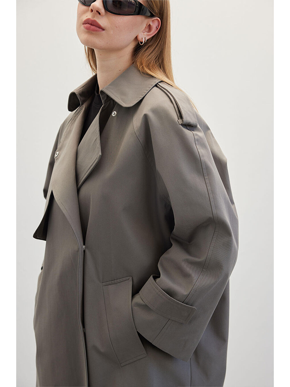 Oversize Kısa Trençkot Gri-4