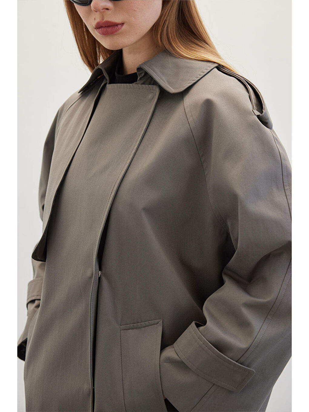 Oversize Kısa Trençkot Gri-5