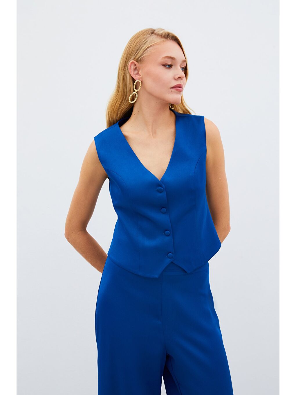 Krep Saten Yelek - Mavi-1