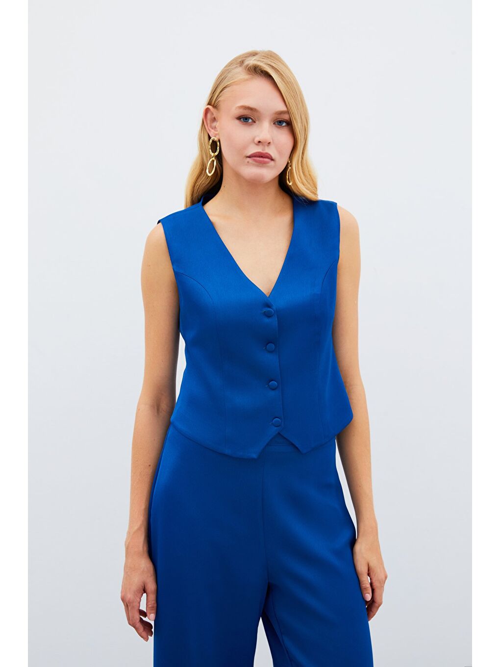 Krep Saten Yelek - Mavi-2