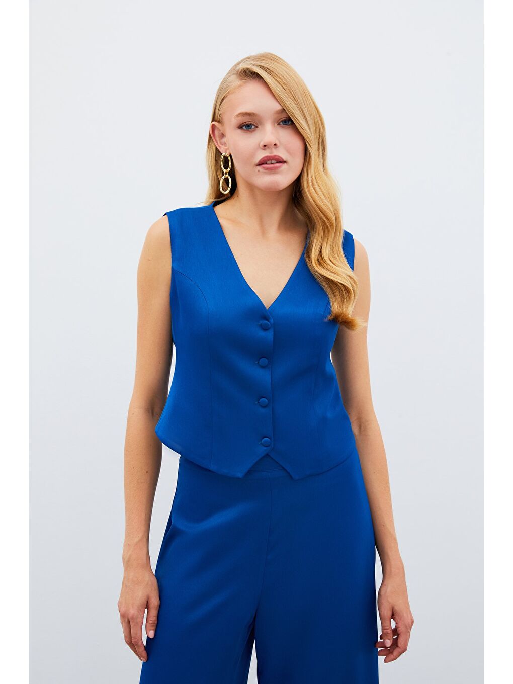 Krep Saten Yelek - Mavi-3