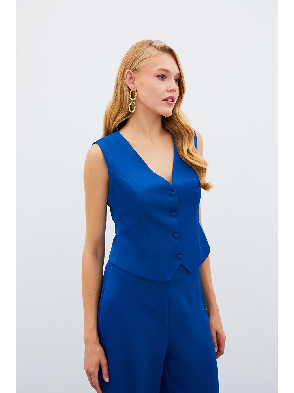 Krep Saten Yelek - Mavi-4