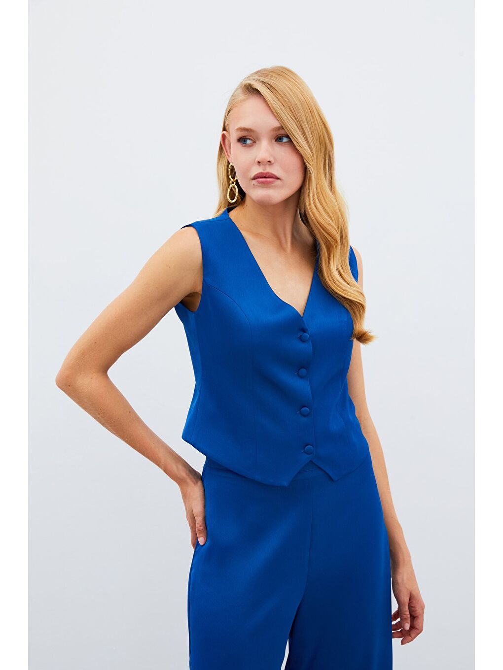 Krep Saten Yelek - Mavi-5