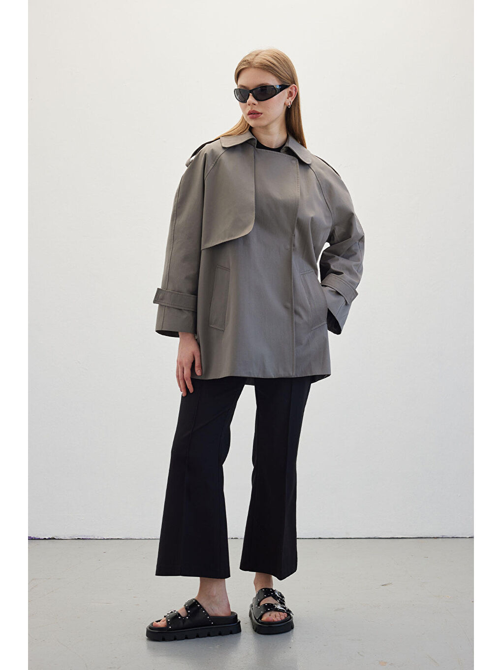 Oversize Kısa Trençkot Gri-6