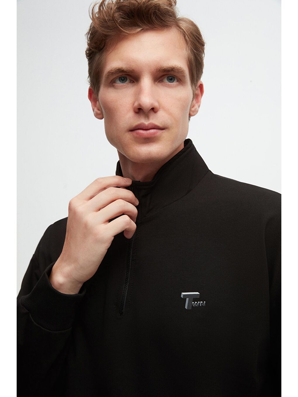 Oversize Siyah Düz Yarım Fermuarlı Pamuklu Mevsimlik Sweatshirt-1