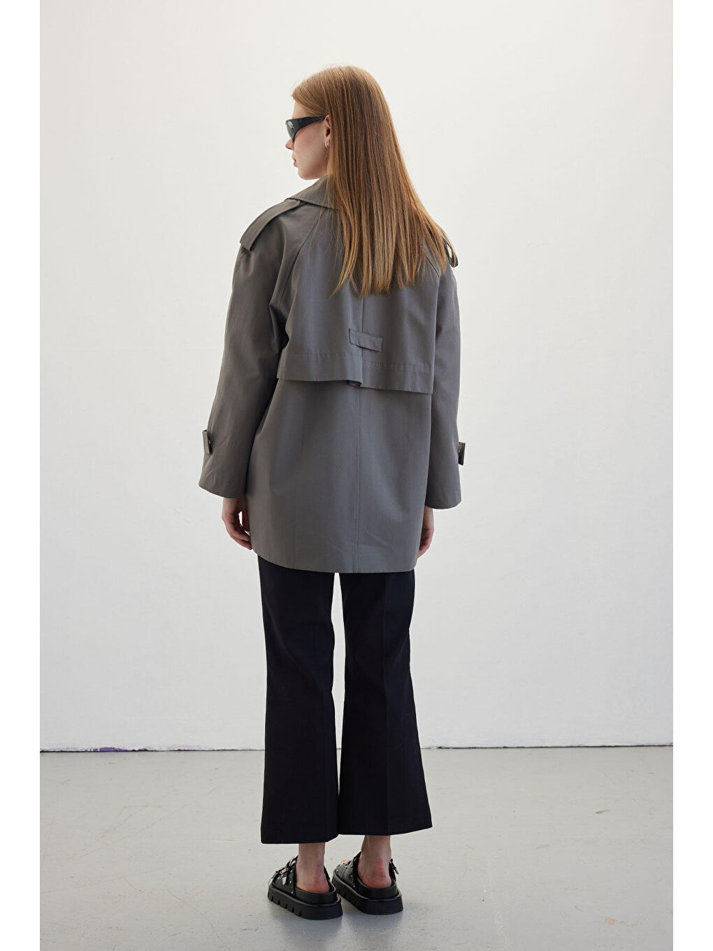 Oversize Kısa Trençkot Gri-7