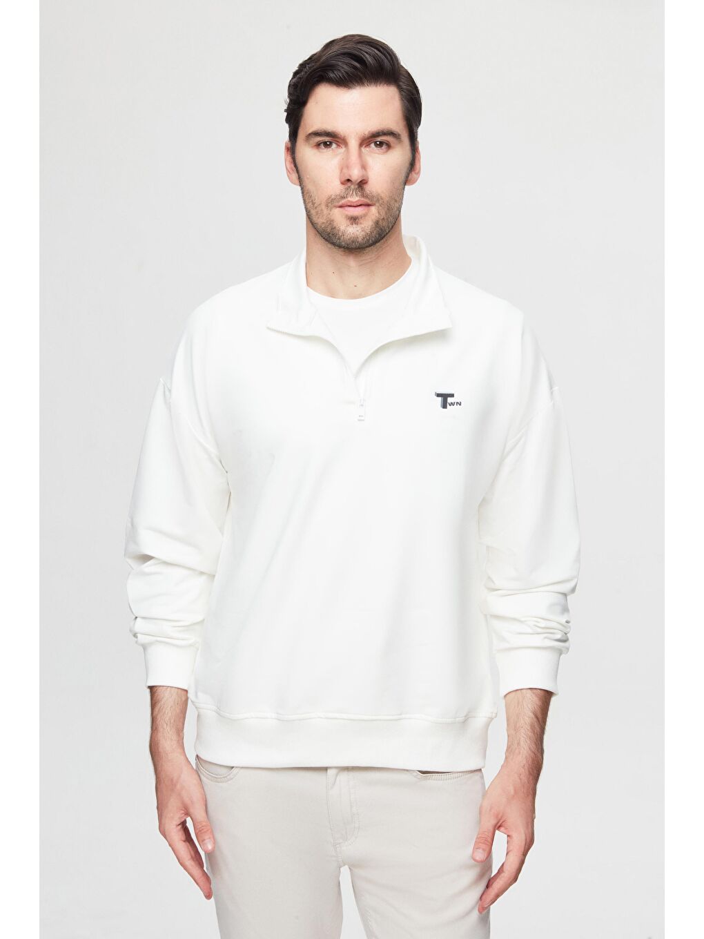 Oversize Ekru Düz Yarım Fermuarlı Pamuklu Mevsimlik Sweatshirt