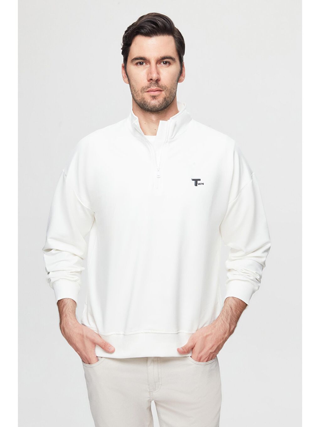 Oversize Ekru Düz Yarım Fermuarlı Pamuklu Mevsimlik Sweatshirt-1