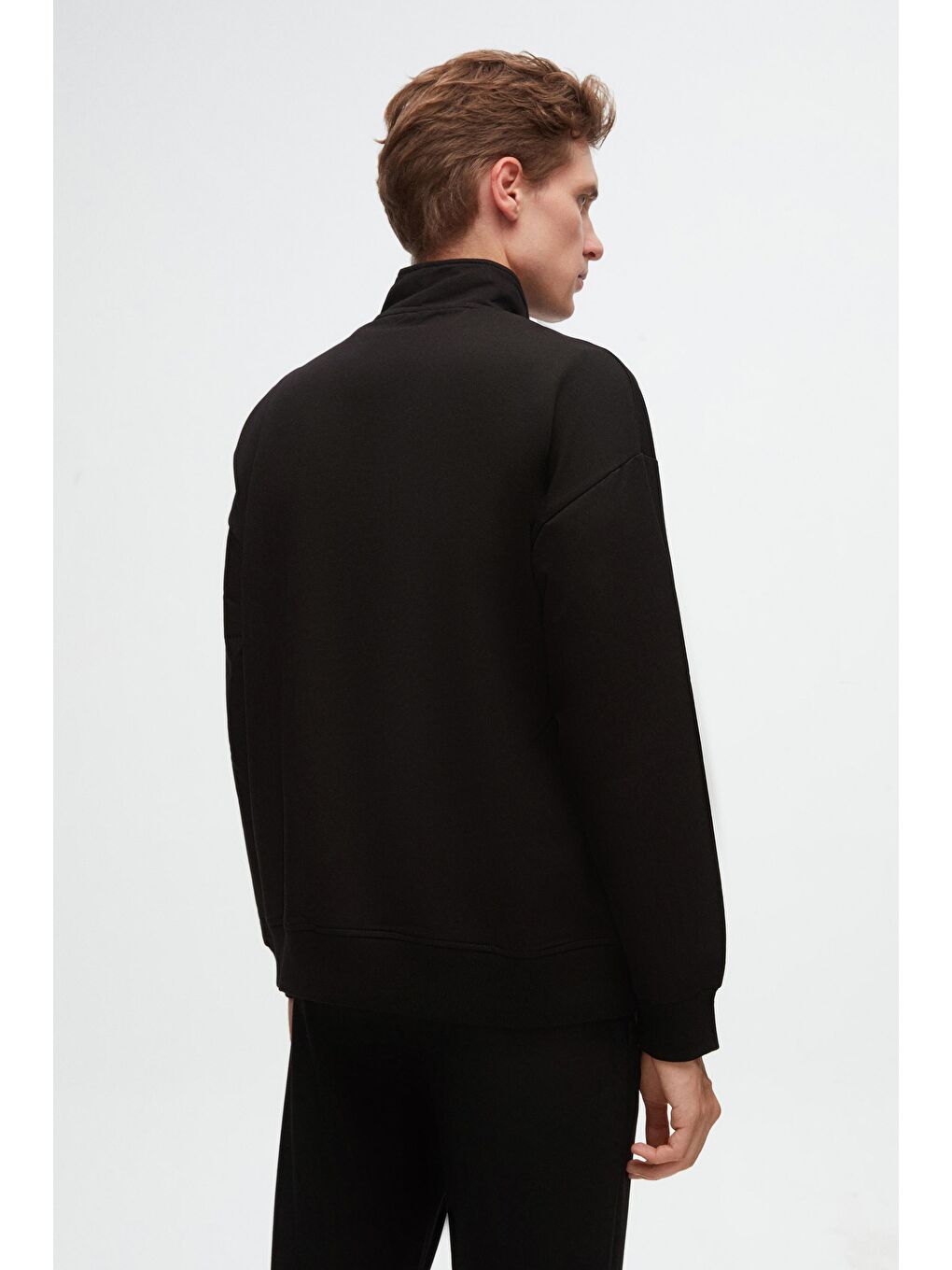 Oversize Siyah Düz Yarım Fermuarlı Pamuklu Mevsimlik Sweatshirt-3