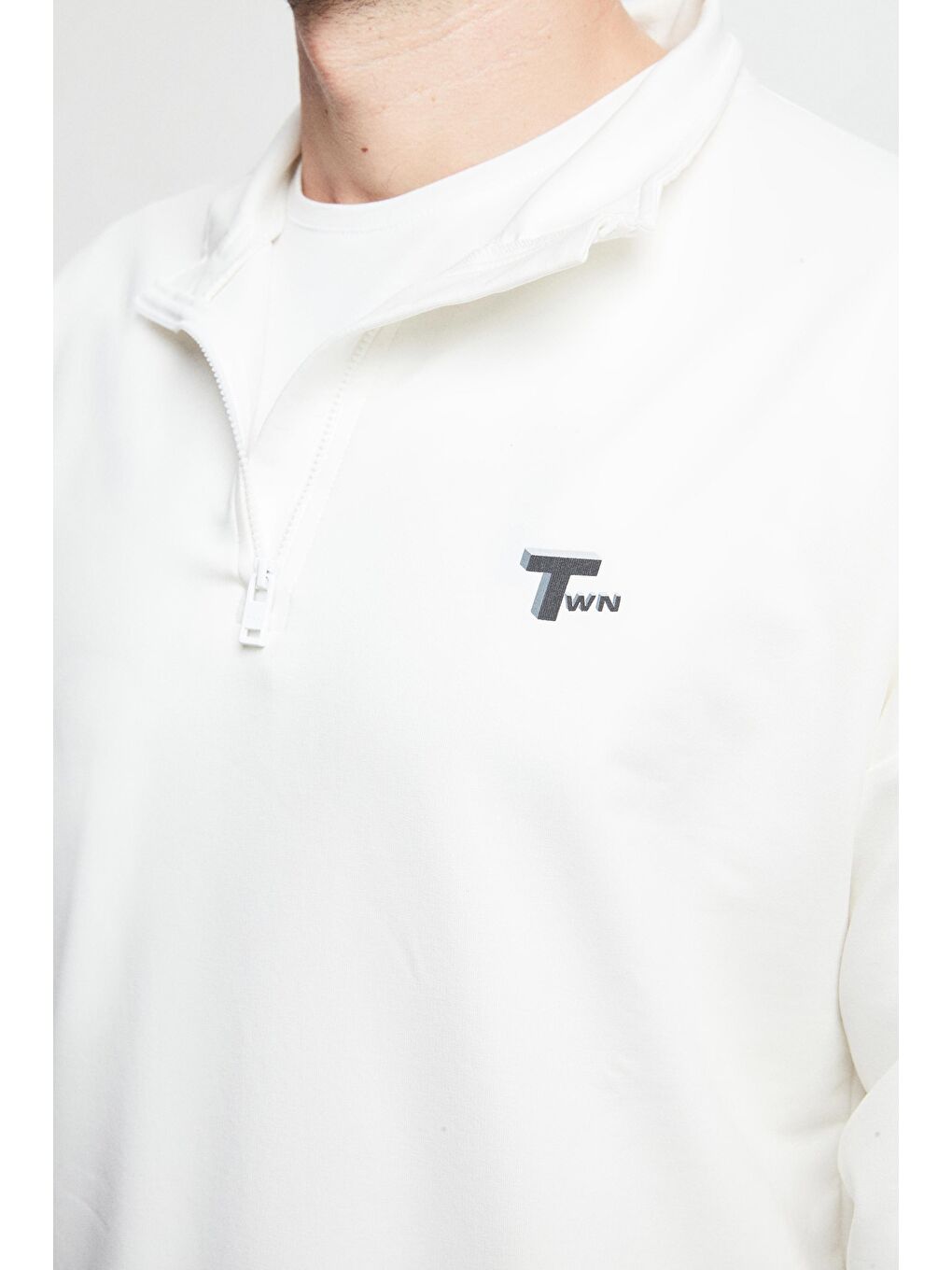 Oversize Ekru Düz Yarım Fermuarlı Pamuklu Mevsimlik Sweatshirt-2