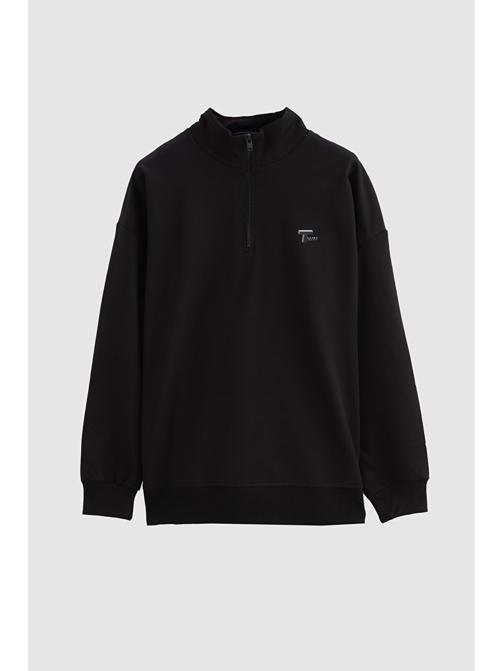 Oversize Siyah Düz Yarım Fermuarlı Pamuklu Mevsimlik Sweatshirt-4