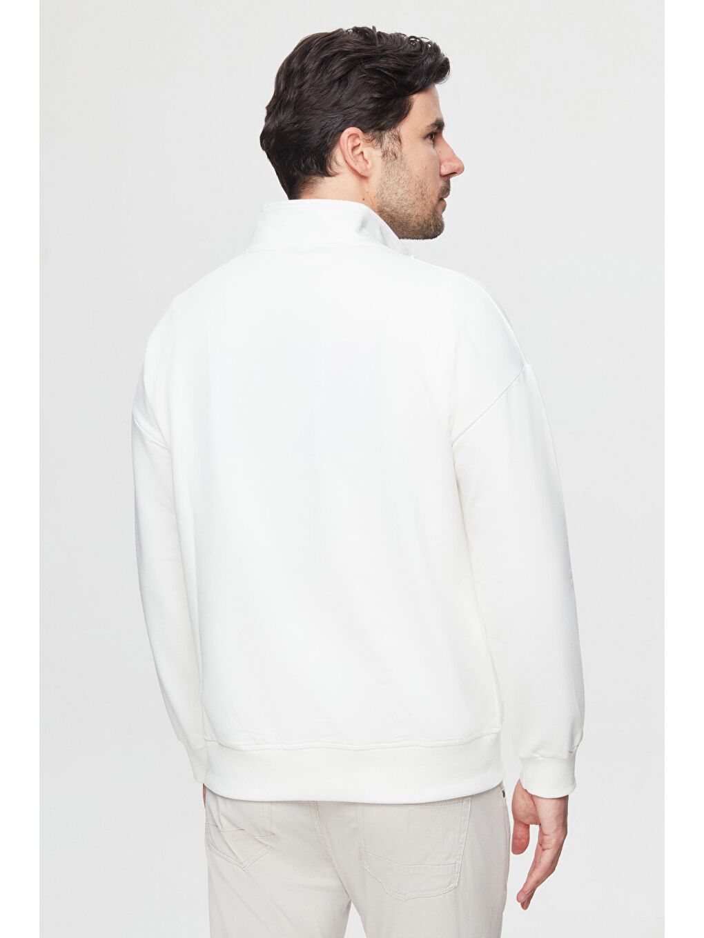 Oversize Ekru Düz Yarım Fermuarlı Pamuklu Mevsimlik Sweatshirt-3