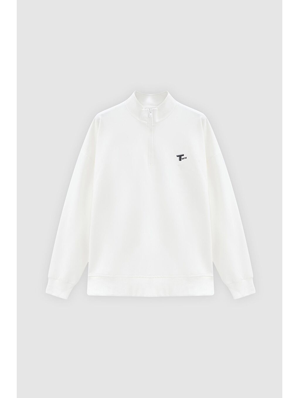 Oversize Ekru Düz Yarım Fermuarlı Pamuklu Mevsimlik Sweatshirt-4