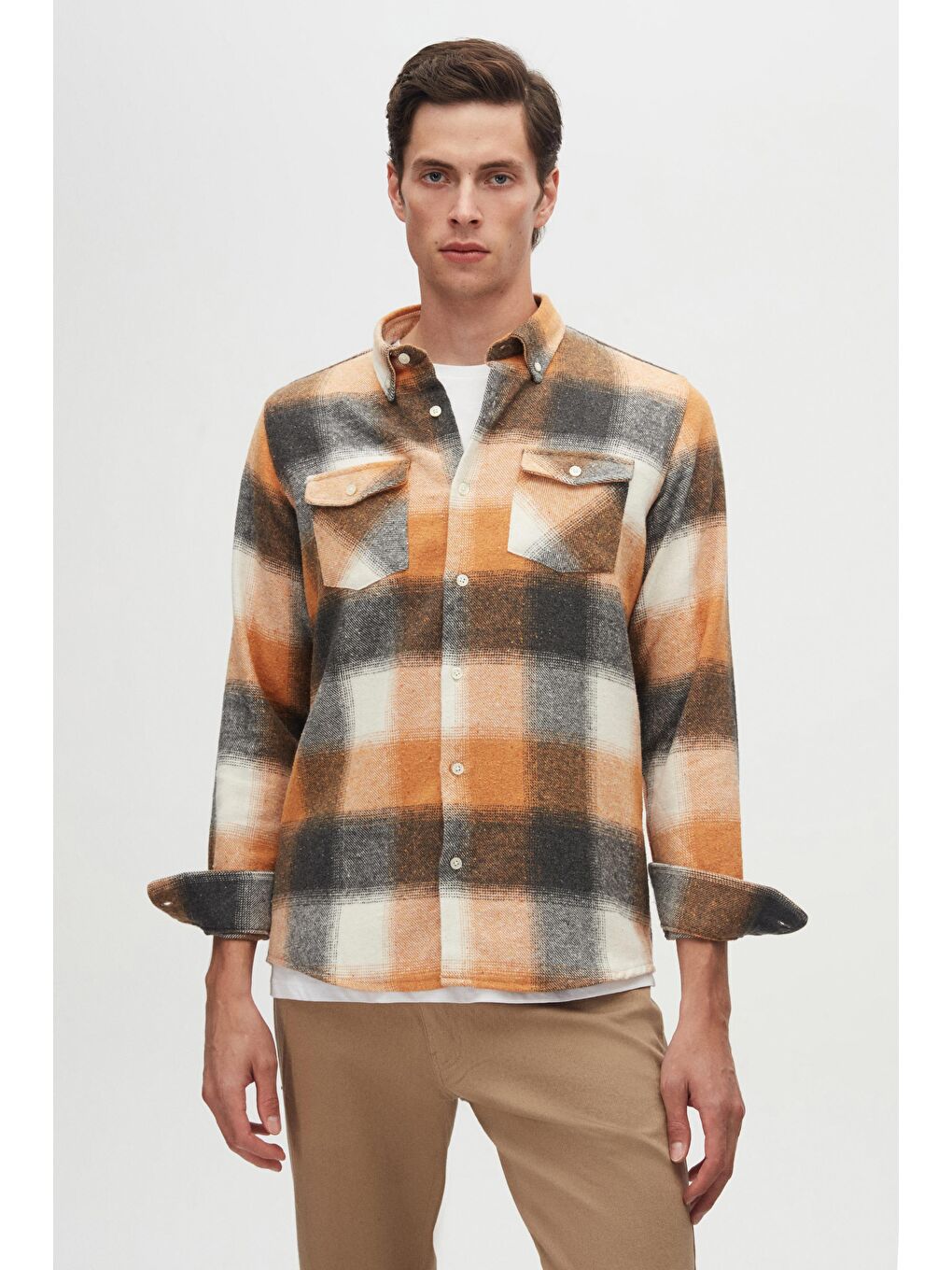 Slim Fit Turuncu Ekose Oduncu Gömlek