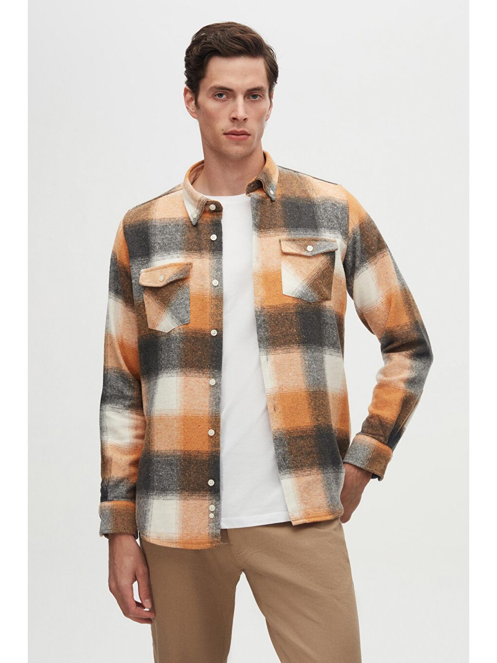 Slim Fit Turuncu Ekose Oduncu Gömlek-1