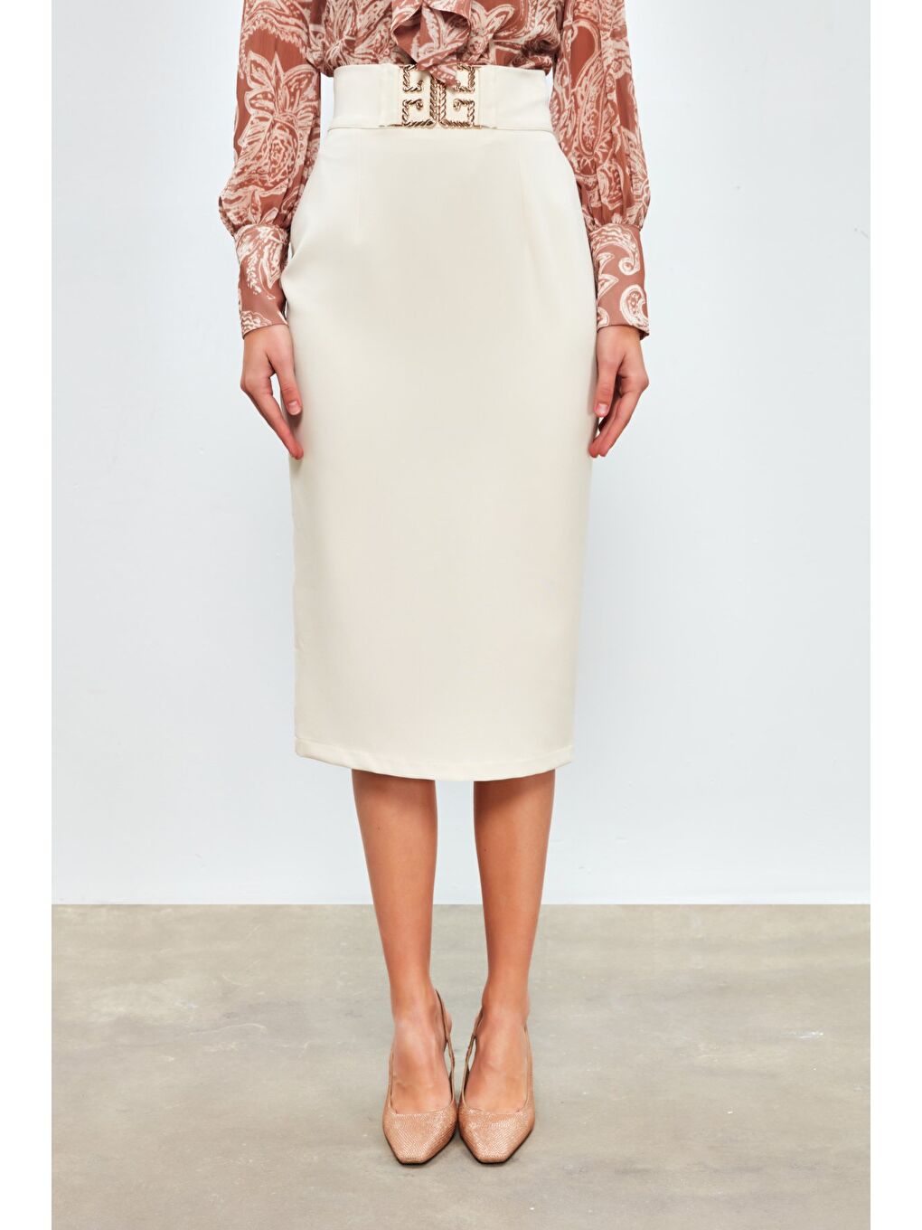Bej Aksesuar Detaylı Kalem Etek - Taş-3