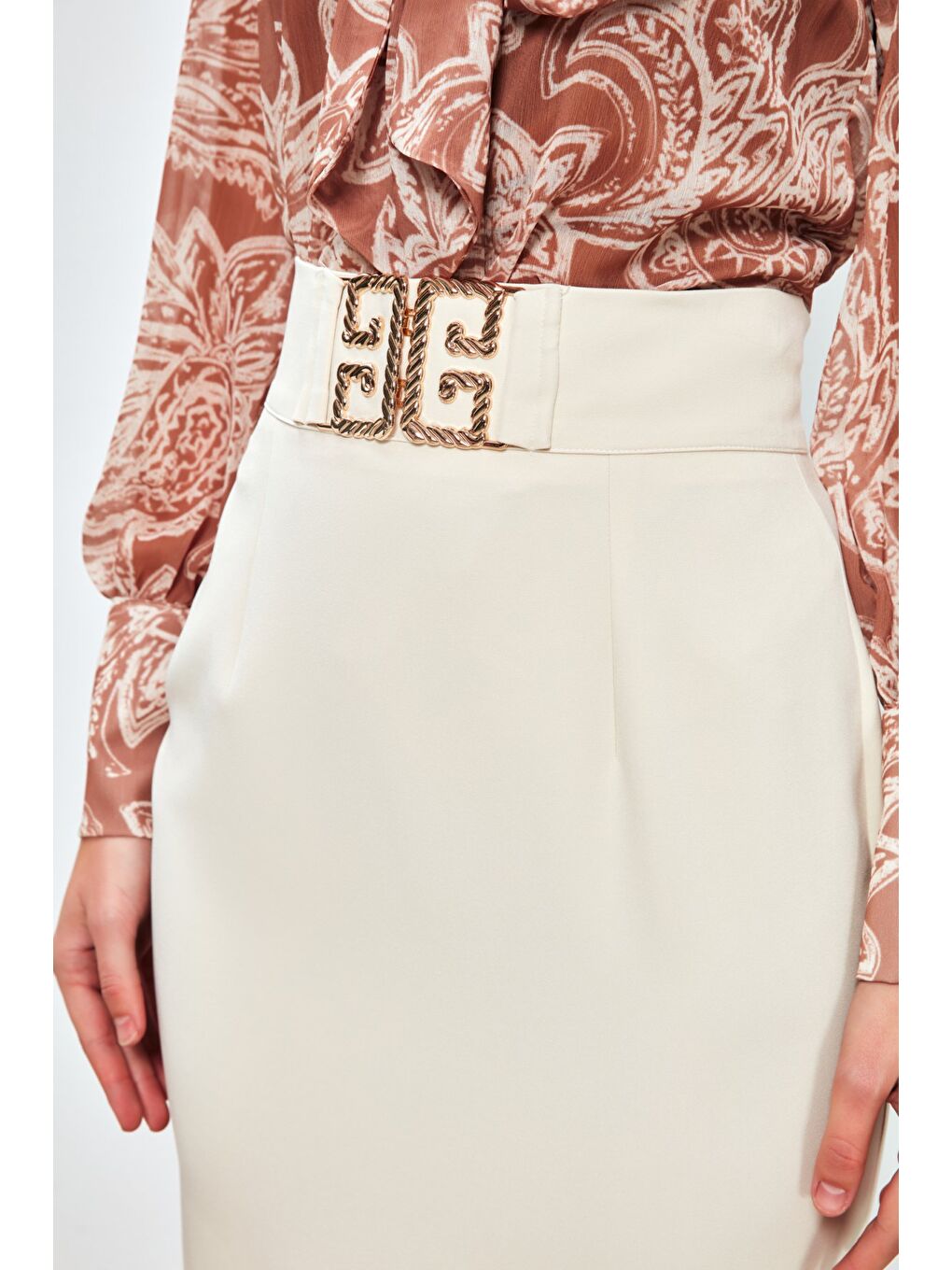 Bej Aksesuar Detaylı Kalem Etek - Taş-4