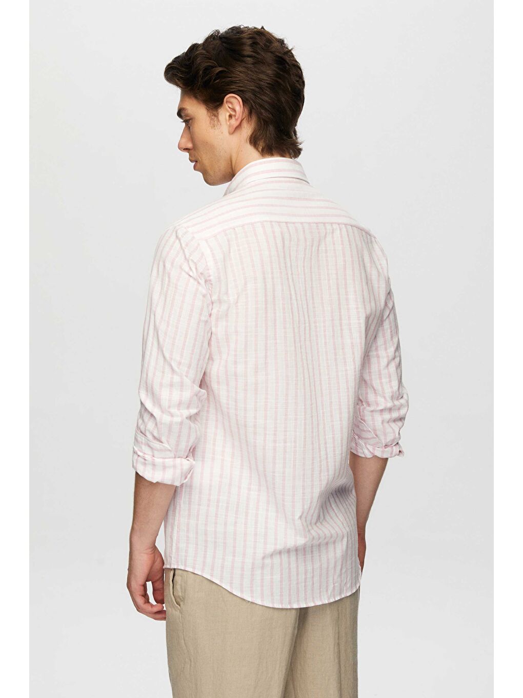 Slim Fit Pembe Çizgili Düğmeli Yaka %100 Pamuk Flamlı Yazlık Keten Görünümlü Gömlek-1