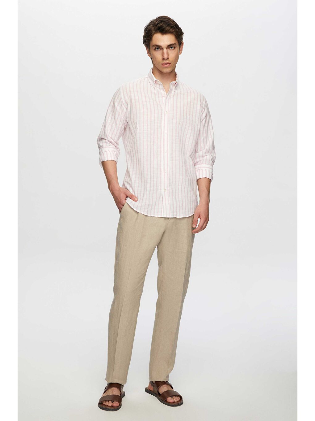 Slim Fit Pembe Çizgili Düğmeli Yaka %100 Pamuk Flamlı Yazlık Keten Görünümlü Gömlek-2
