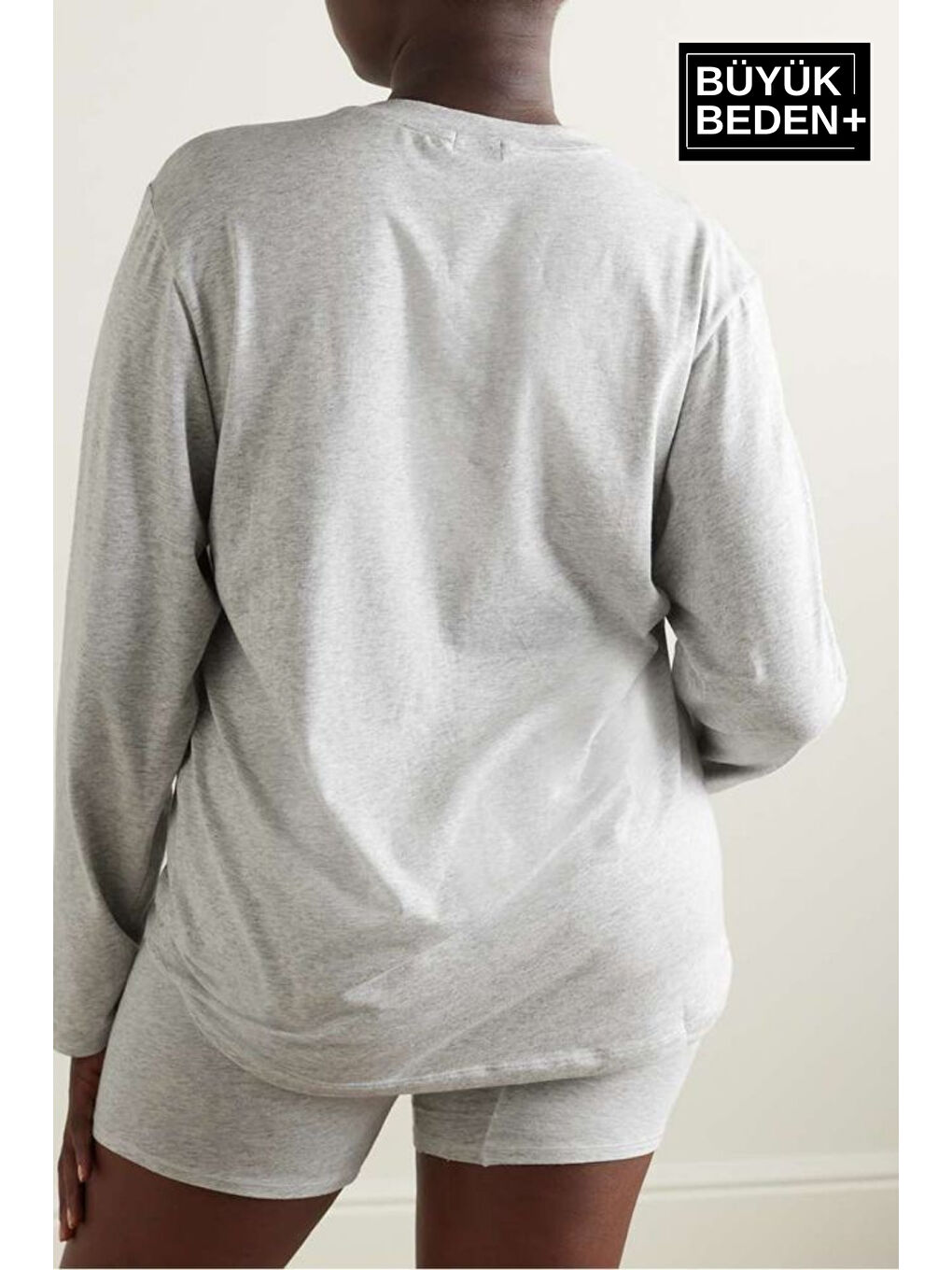 Gri Kadın Büyük Beden Uzun Kollu 2 İplik Bisiklet Yaka Tişört-1