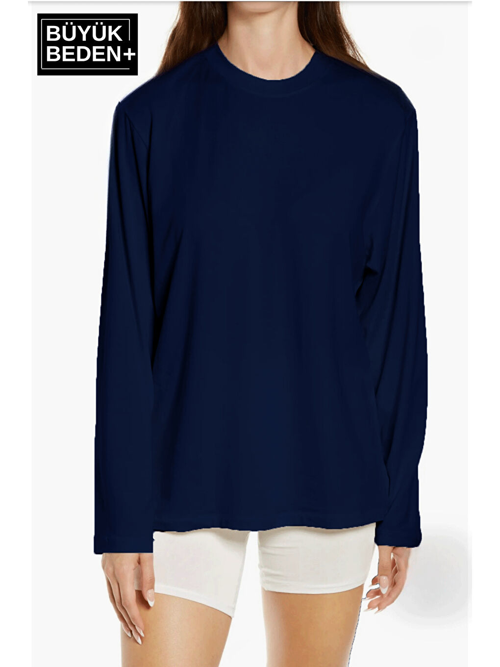 Lacivert Kadın Büyük Beden Uzun Kollu 2 İplik Bisiklet Yaka Tişört-1