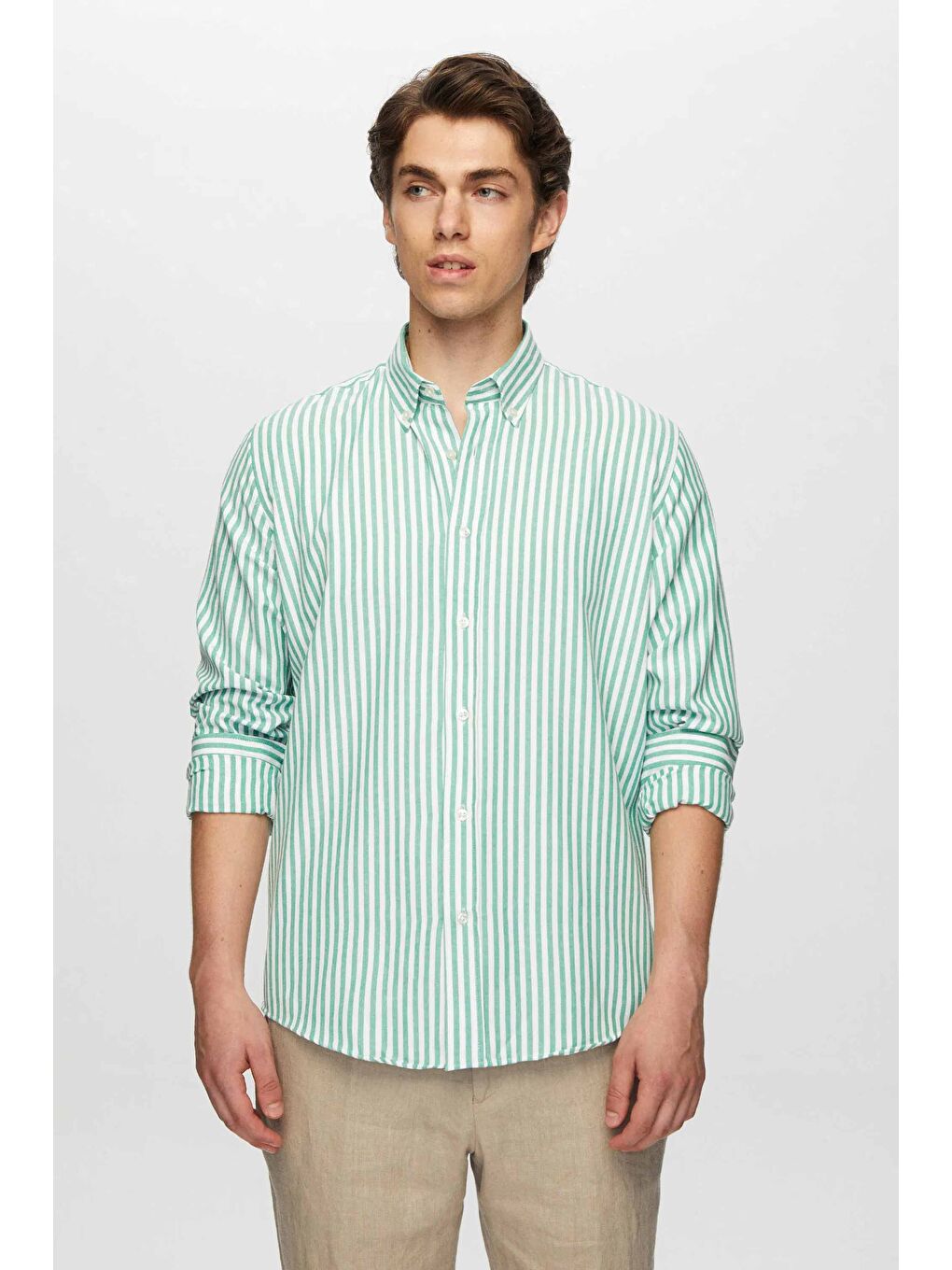 Slim Fit Yeşil Çizgili Gömlek