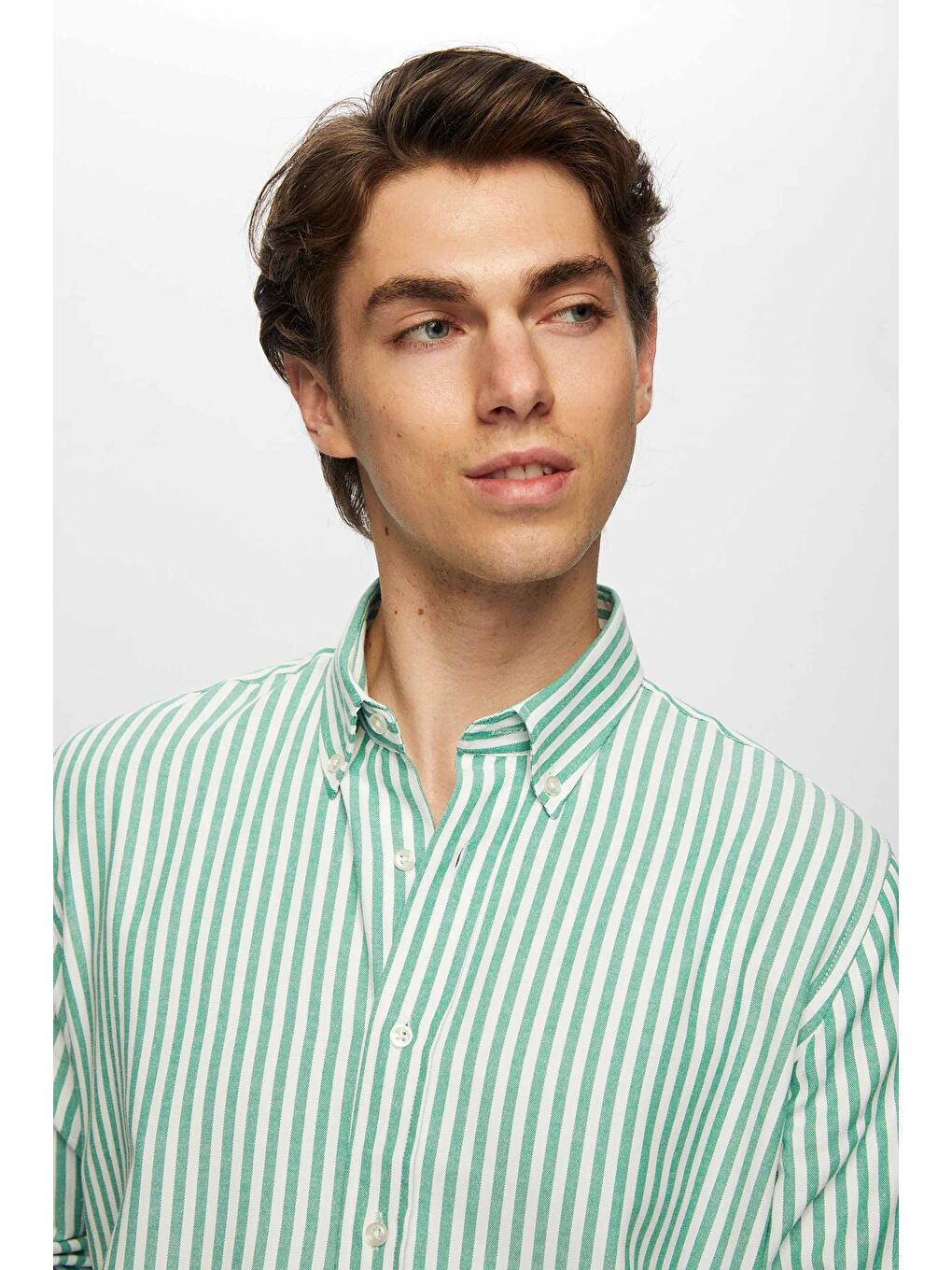 Slim Fit Yeşil Çizgili Gömlek-1