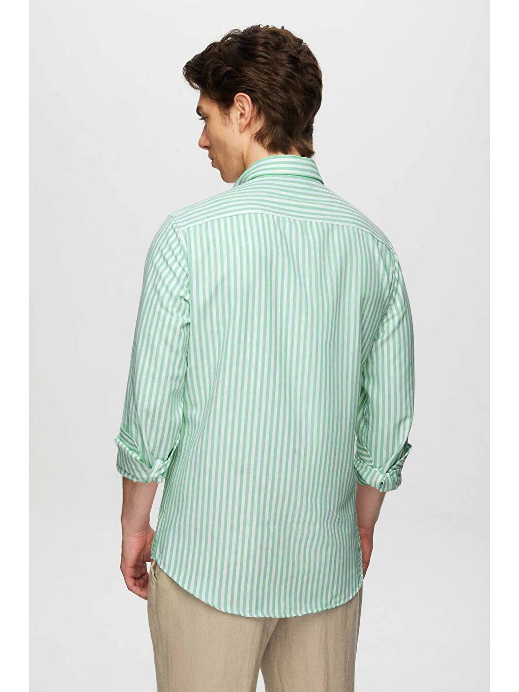 Slim Fit Yeşil Çizgili Gömlek-2