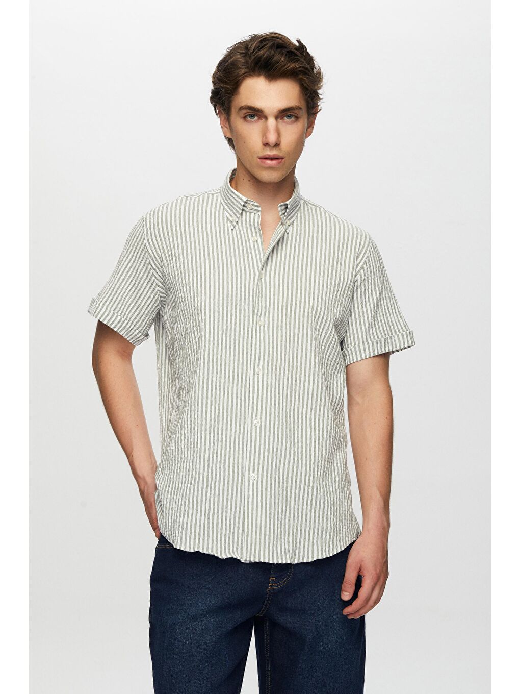 Slim Fit Yeşil Gofre Kısa Kollu Gömlek