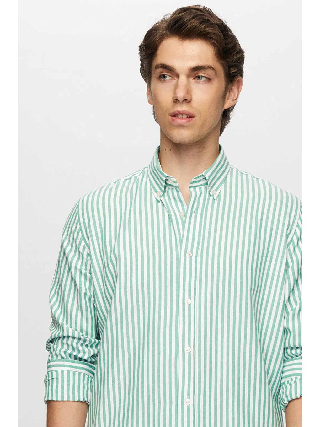 Slim Fit Yeşil Çizgili Gömlek-3