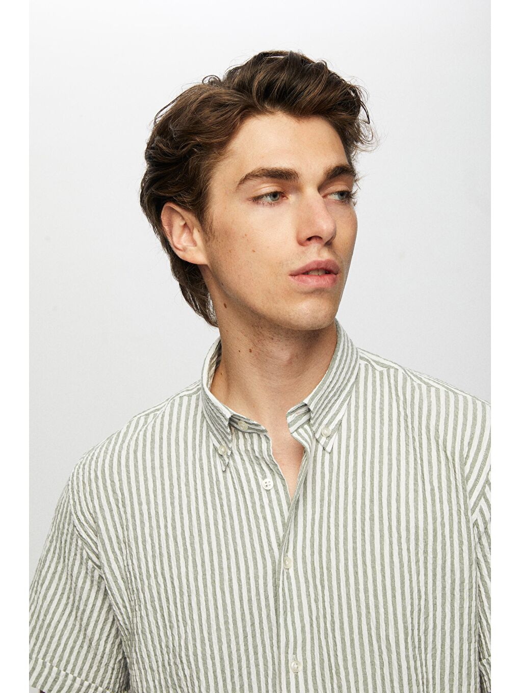 Slim Fit Yeşil Gofre Kısa Kollu Gömlek-1