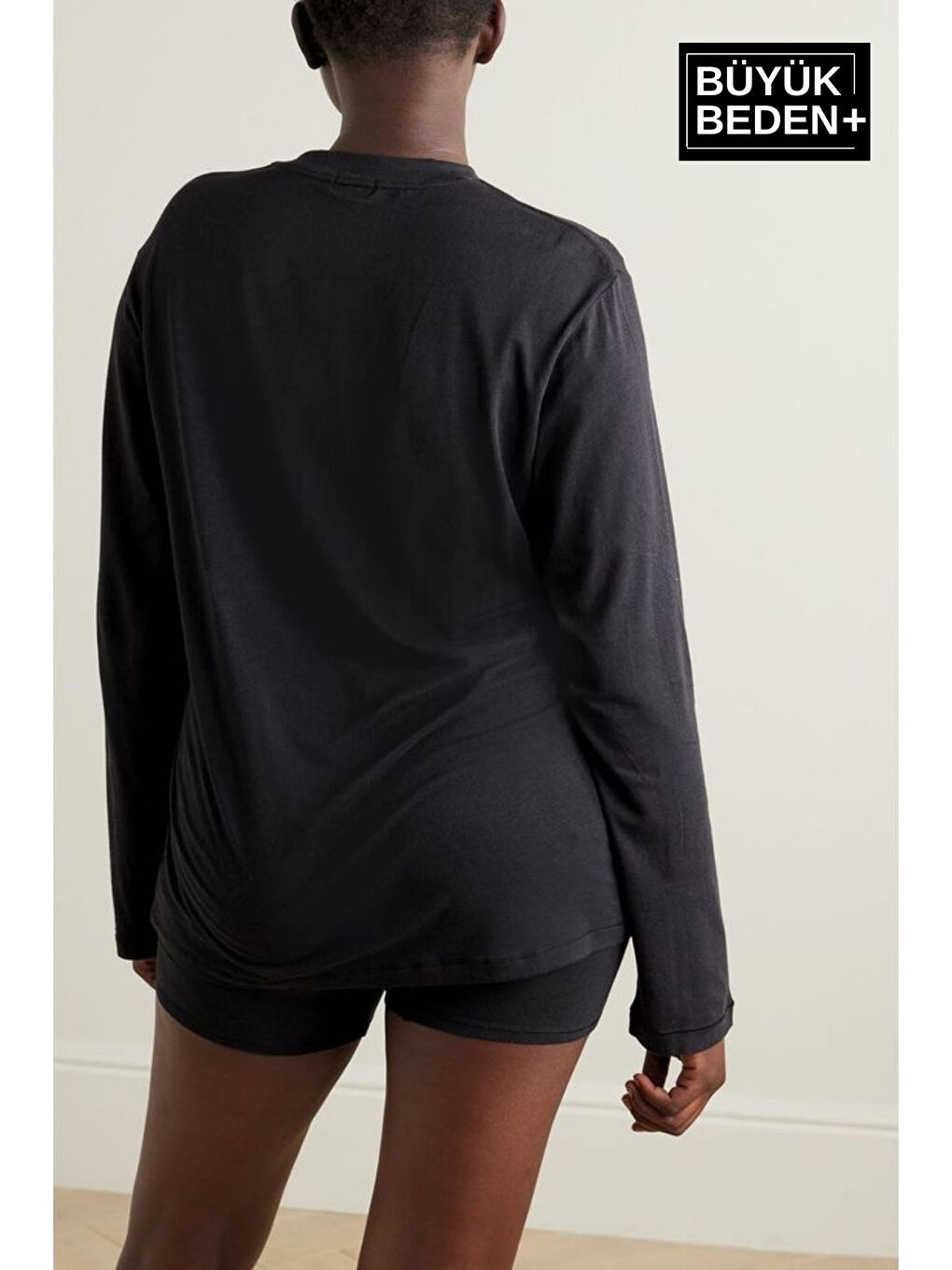 Siyah Kadın Büyük Beden Uzun Kollu 2 İplik Bisiklet Yaka Tişört-1