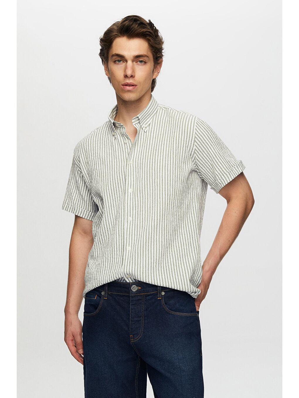 Slim Fit Yeşil Gofre Kısa Kollu Gömlek-2