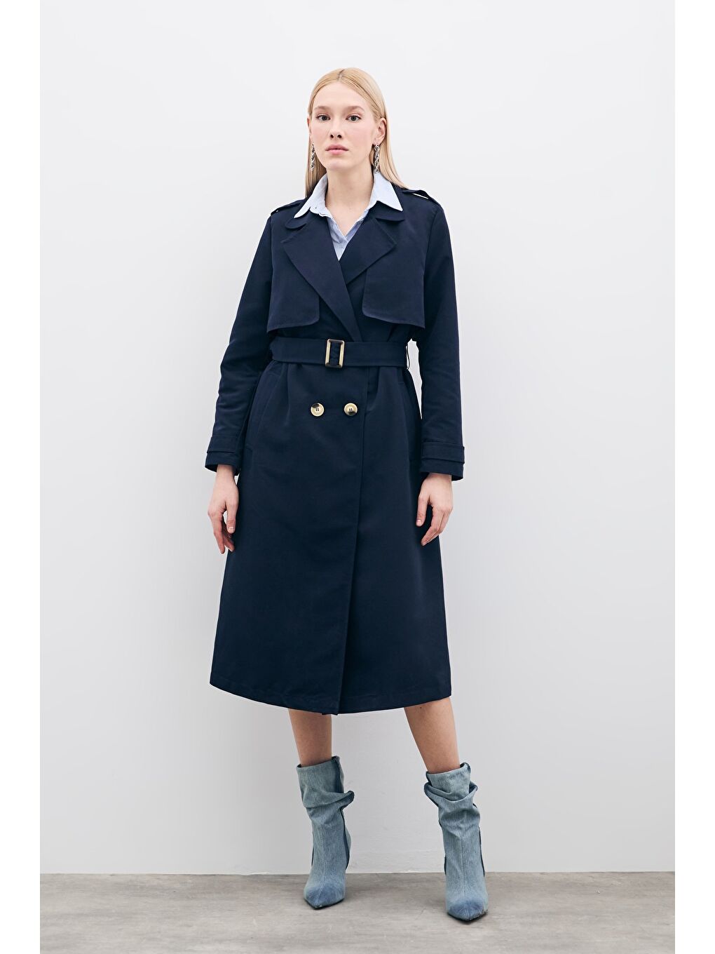 Kemerli Uzun Trençkot - Lacivert